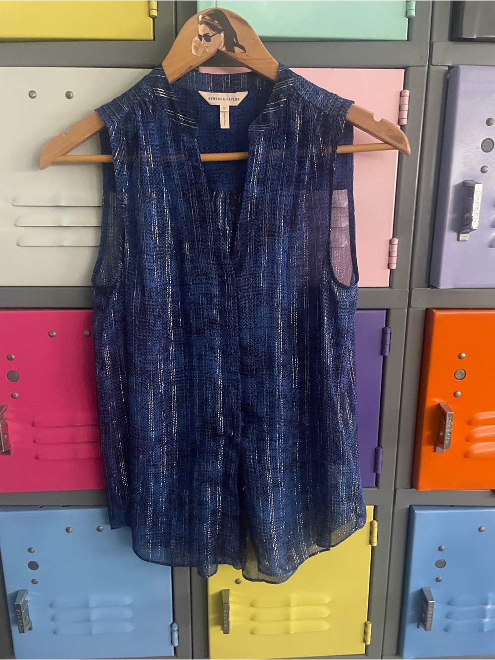 Rebecca Taylor Silk Blue Metallic-Trim Sleeveless Camisole